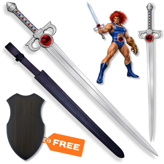Lion-O Sword of Omens ThunderCats prop replica with jeweled hilt, Eye of Thundera emblem, black scabbard and display plaque
