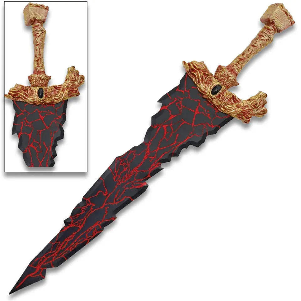 Dragon Lava Fantasy Sword FS-356 – full sword display with circular inset closeup of gold dragon crossguard and gemstone