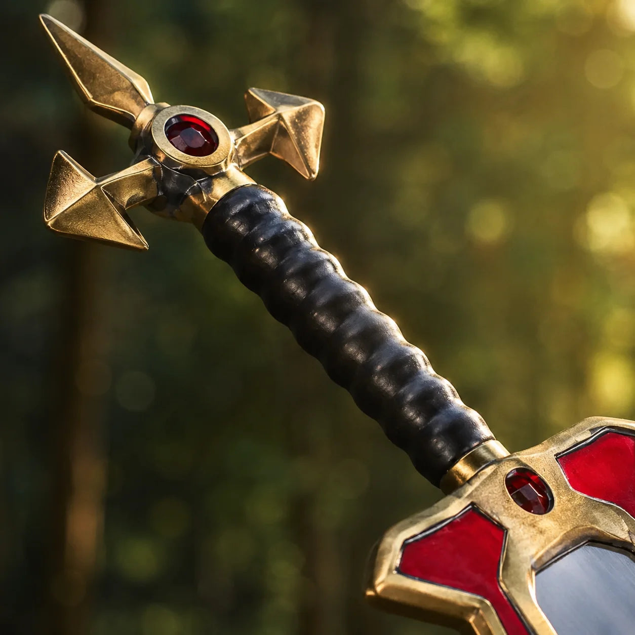 Master Yi sword prop replica League of Legends standing upright in forest display setting