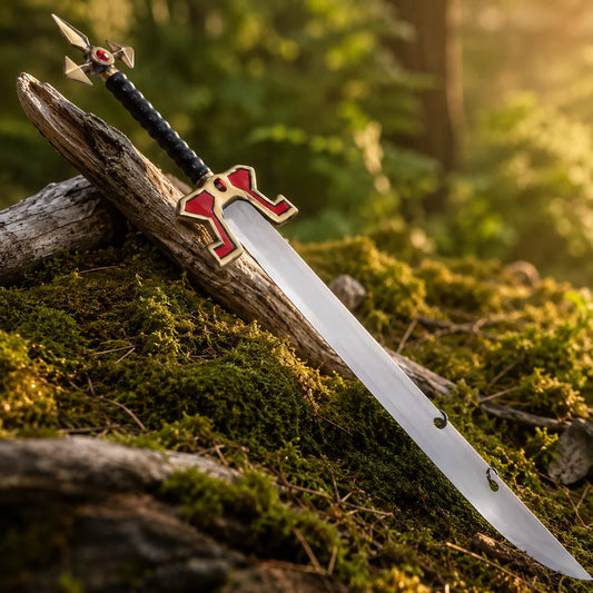 Master Yi Wuju sword prop replica laid on mossy rock – LoL display collectible side view