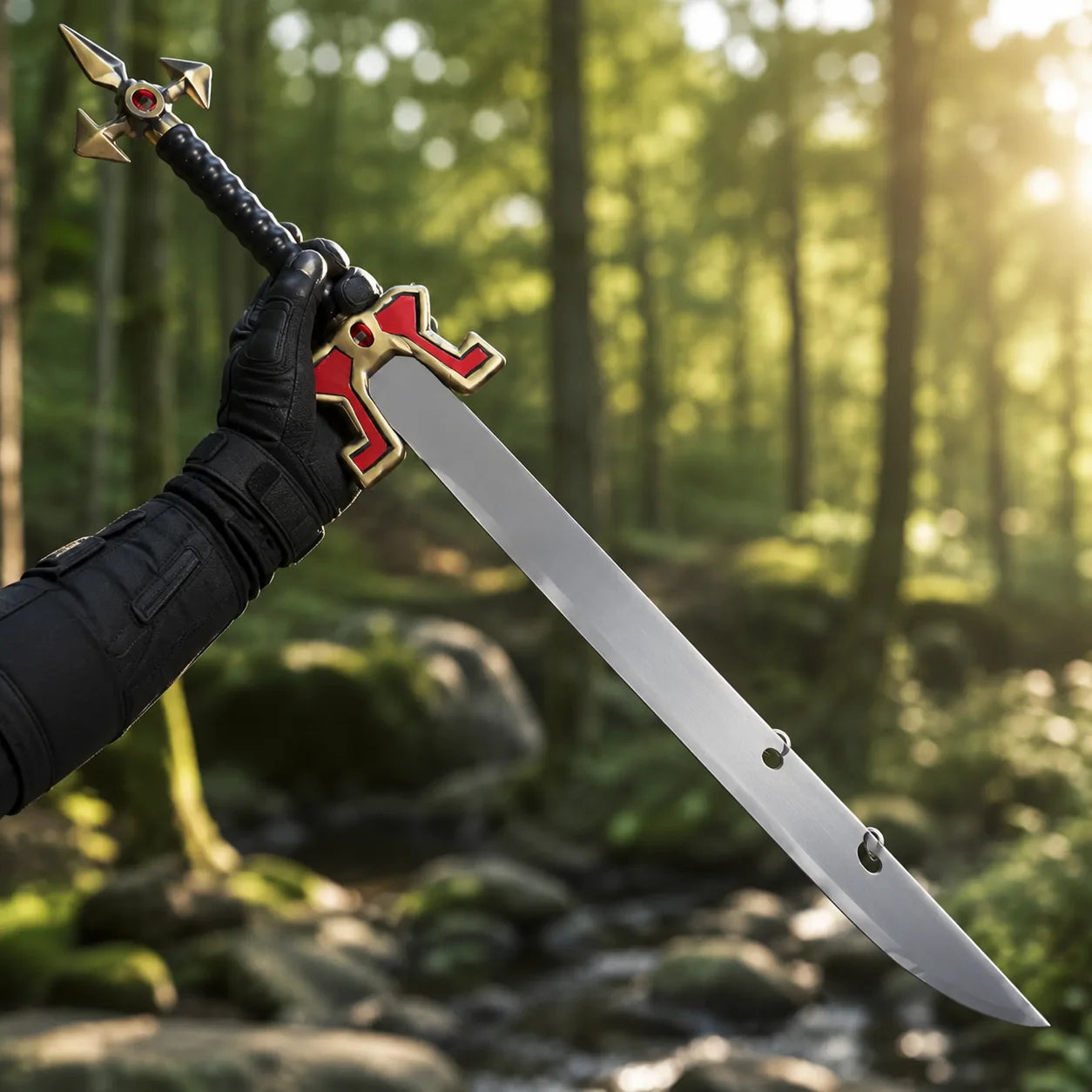 Master Yi sword prop replica handle close-up – gold pommel red gem black leather wrap League of Legends