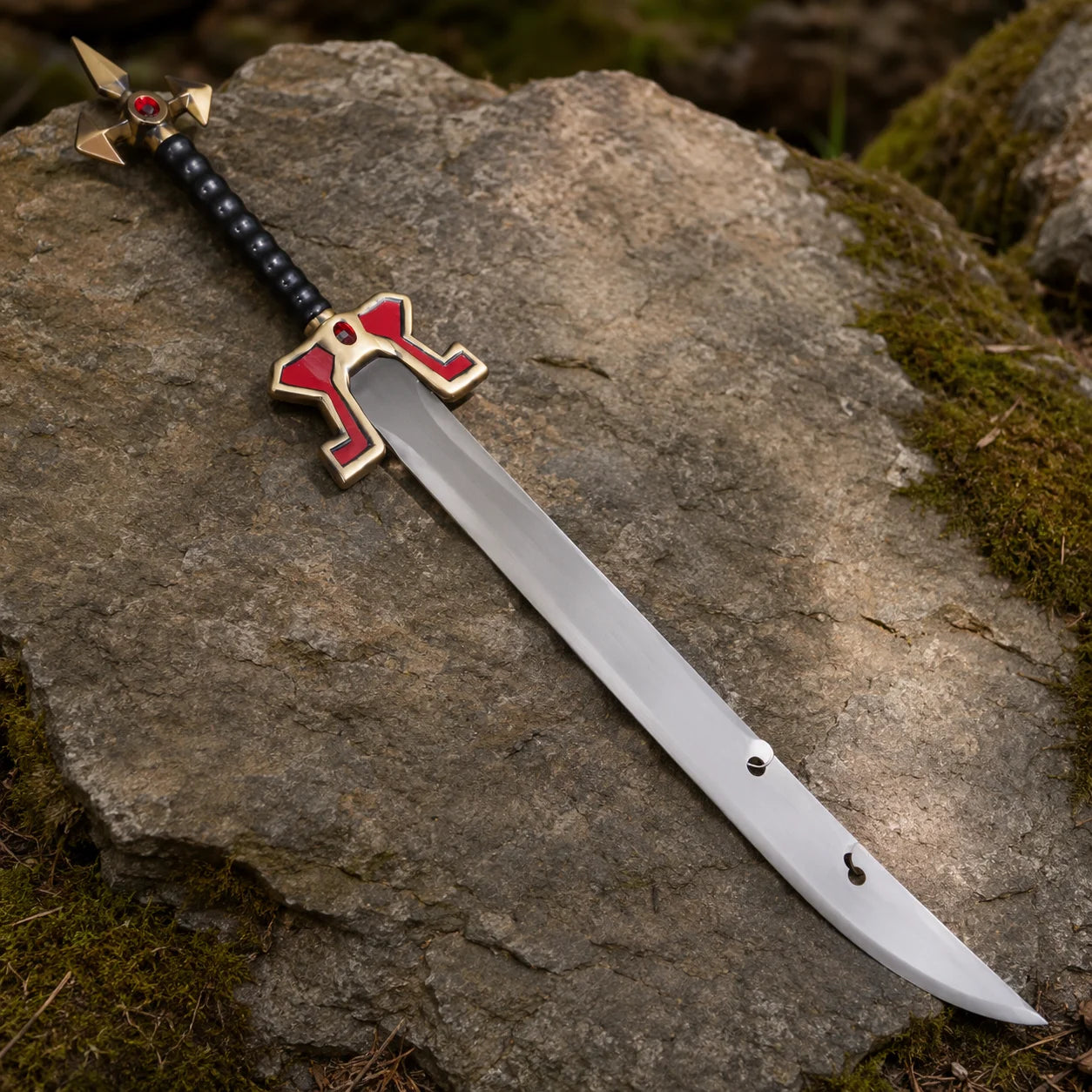 Master Yi sword prop replica full view with guard detail inset – red gold crossguard LoL collectible