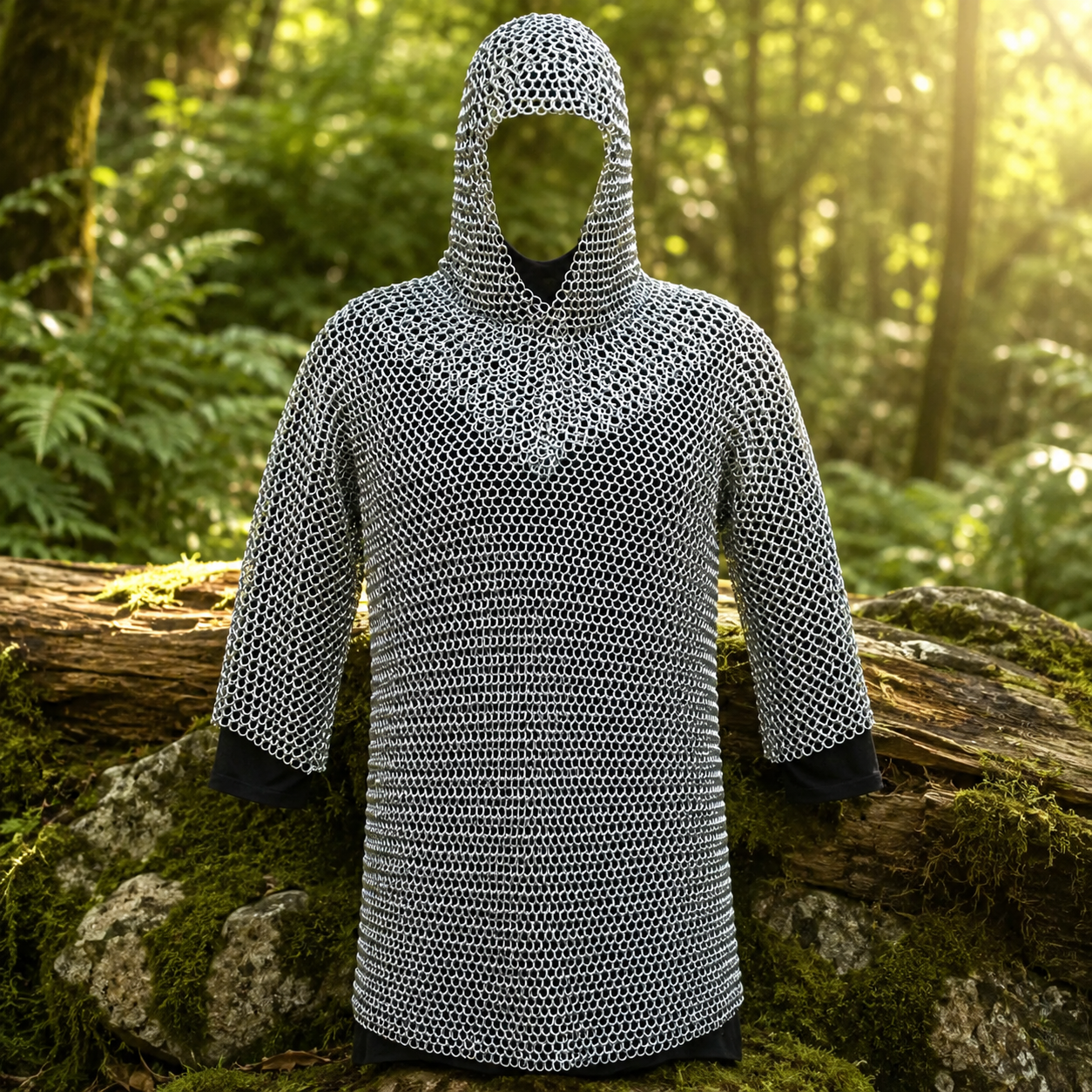 Medieval aluminum chain mail shirt hauberk prop replica – full front standing display collectible