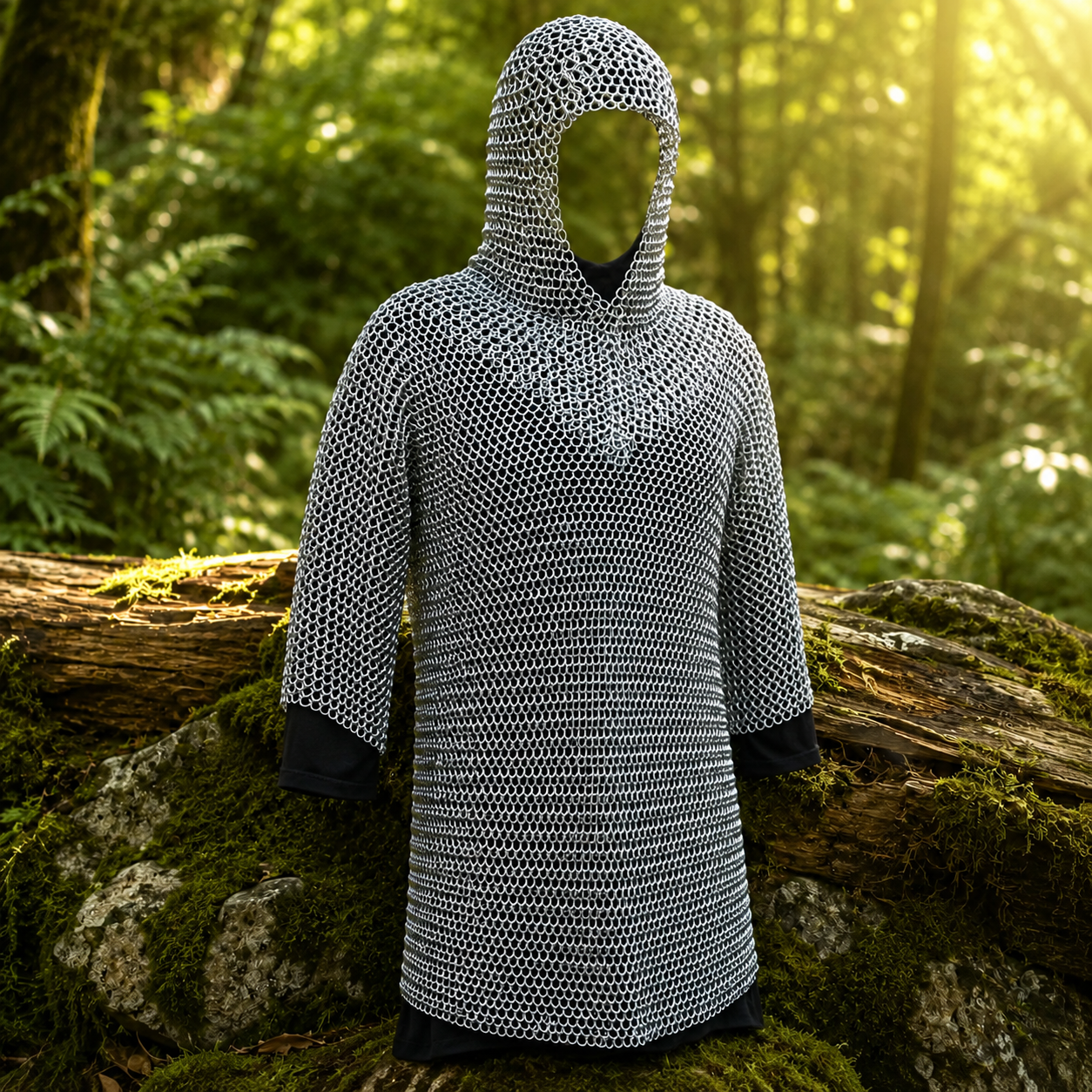 Medieval chain mail hauberk armor prop replica – angled front view fantasy collectible display