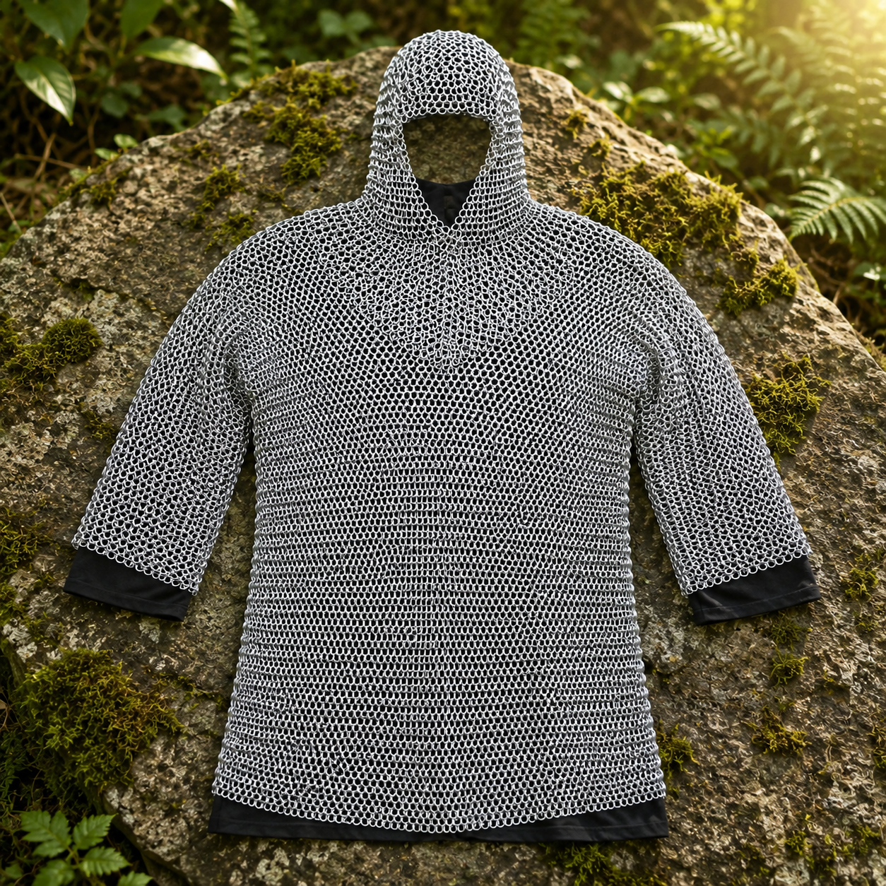 Medieval chain mail armor set prop replica with coif – three-quarter front view collectible display