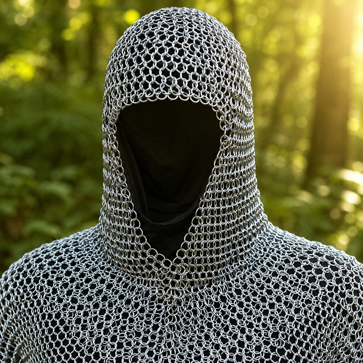 Medieval chain mail hauberk prop replica – full front view on display mannequin in forest