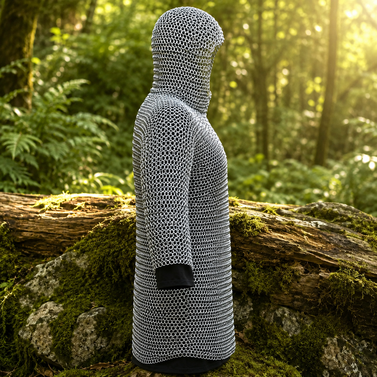Medieval chain mail shirt hauberk armor set prop replica – flat lay on mossy rock display