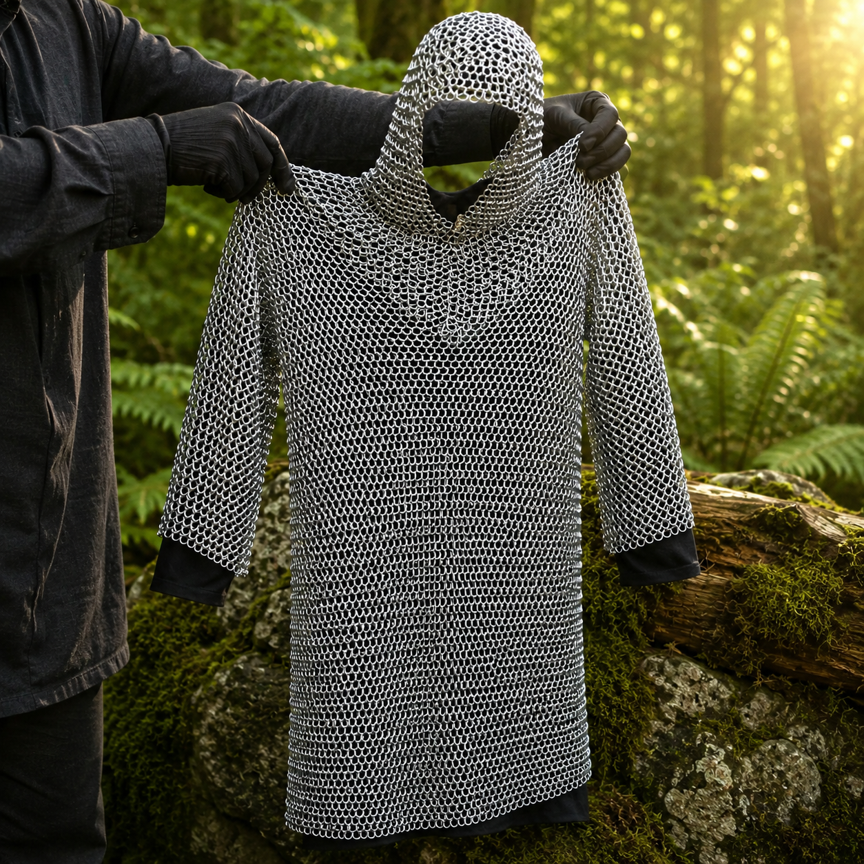 Medieval chain mail hauberk armor prop replica with coif hood – side profile view outdoors
