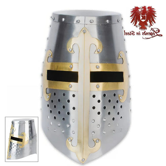 Adjustable liner and chin strap on Crusader helmet replica