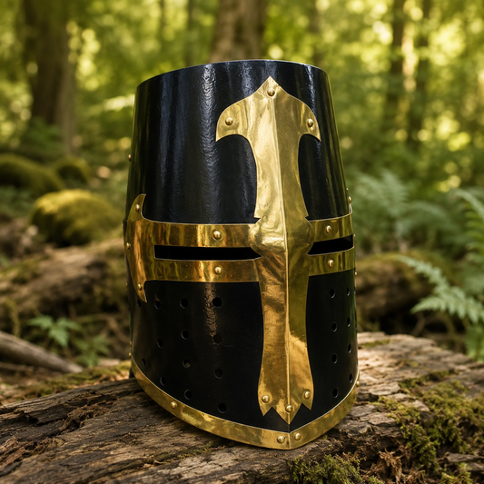 Black Crusader Knight Helmet prop replica interior view showing leather liner and chin strap – medieval display collectible