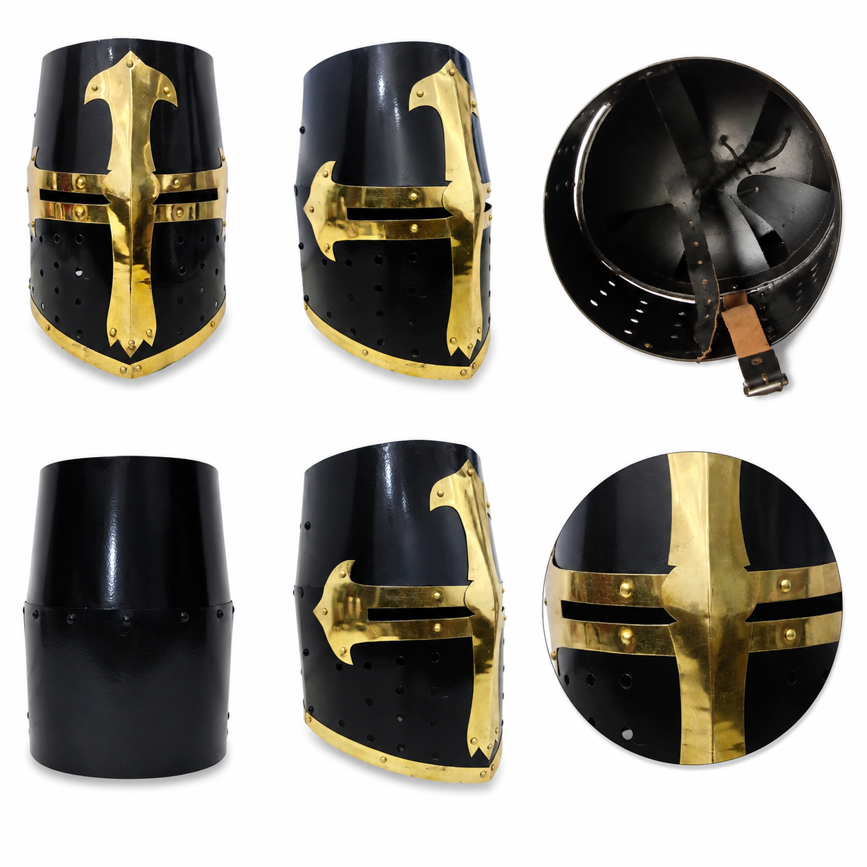 Black and gold Crusader Knight Helmet prop replica with brass cross detail – front view medieval collectible