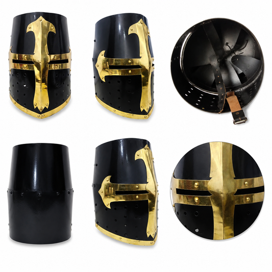 Black and gold Crusader Knight Helmet prop replica with brass cross detail – front view medieval collectible