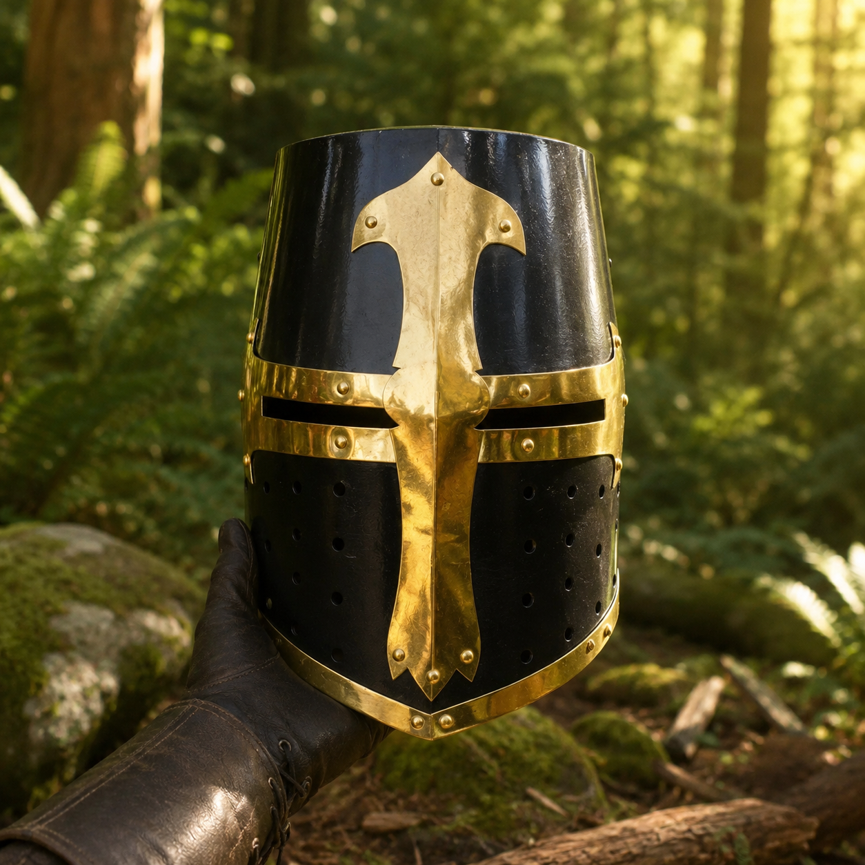 Black Crusader great helm prop replica with hammered brass trim – side angle display collectible on rocks