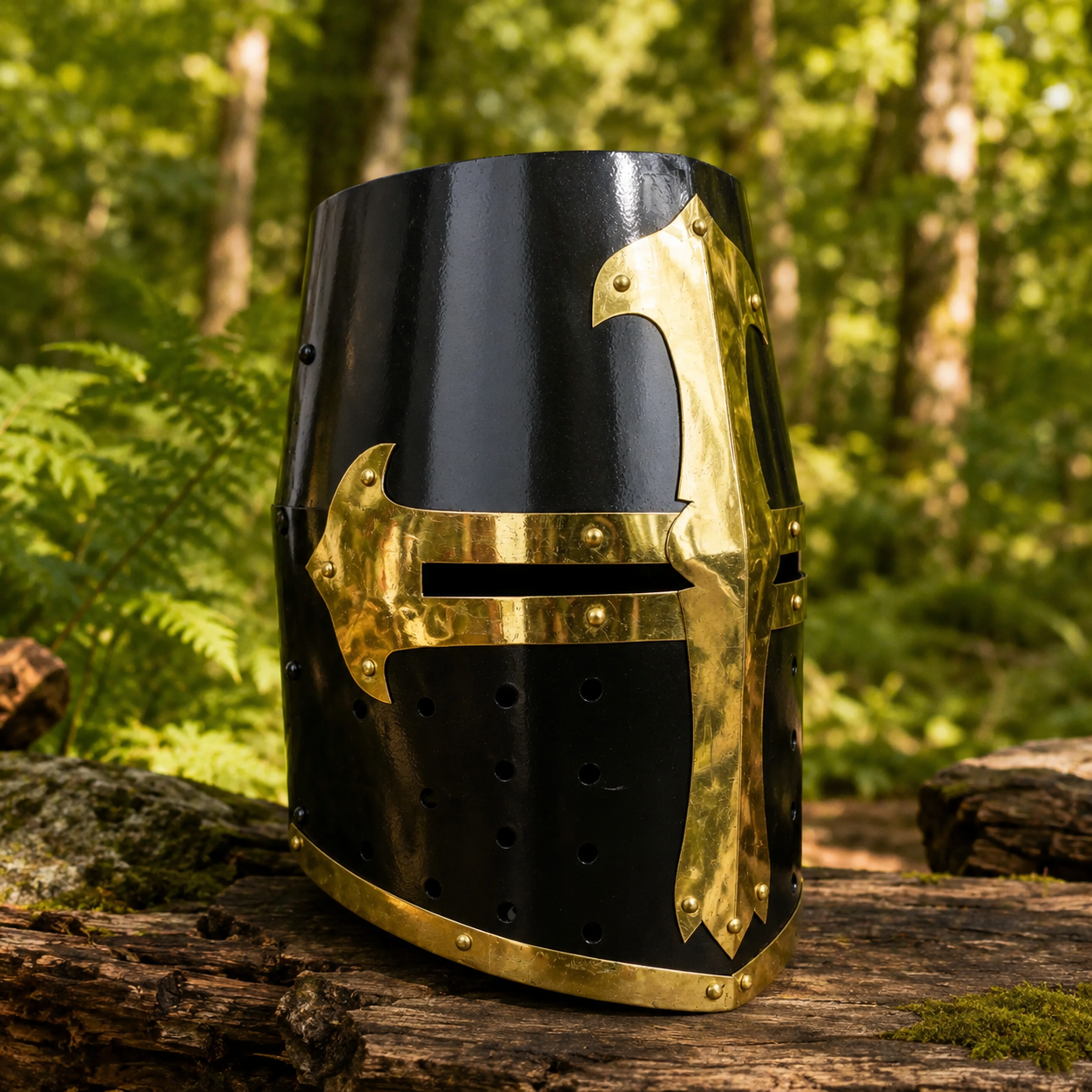 Black Crusader Knight Helmet prop replica with gold brass anchor cross – medieval fantasy display collectible