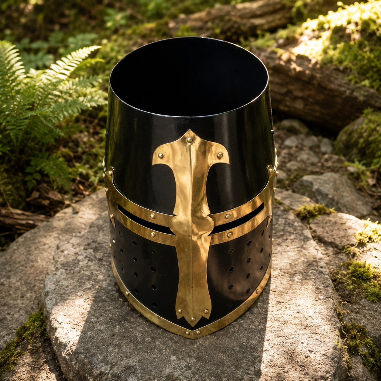 Black and brass Crusader Knight Helmet prop replica full front view – medieval armor display collectible