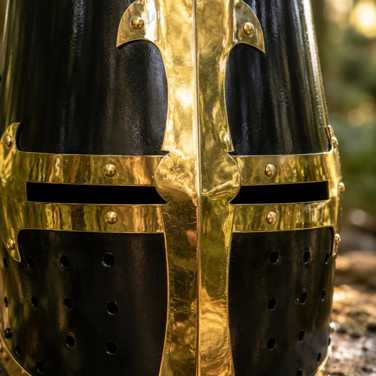 Black Crusader Knight Helmet prop replica displayed on log in forest – medieval collectible fan gift