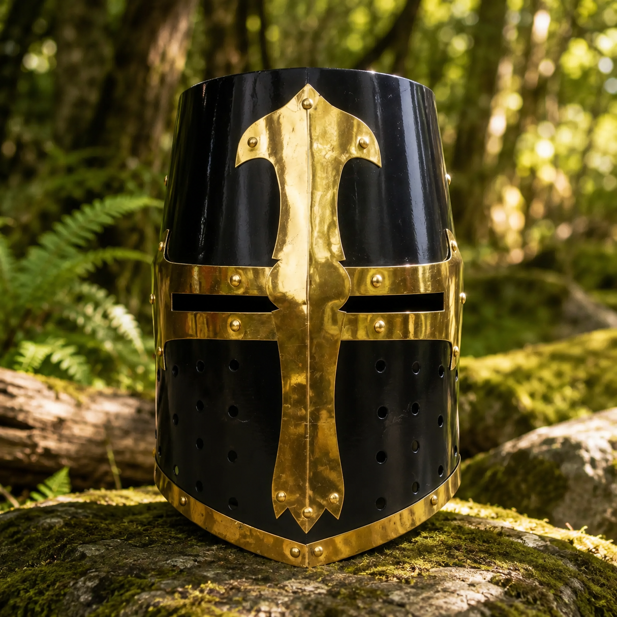 Top-down open view of Black Crusader Knight Helmet prop replica showing interior construction – display collectible