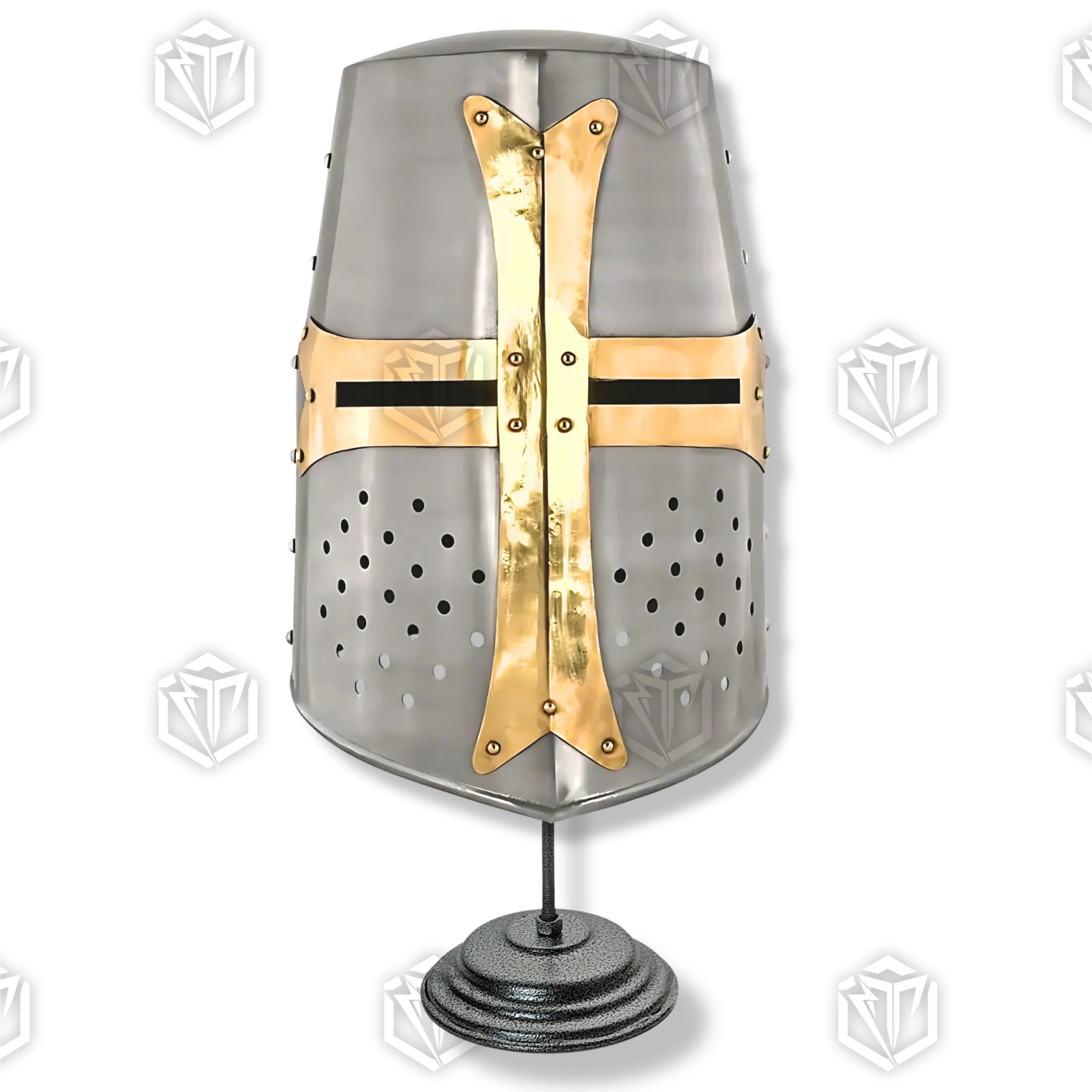 Premium Medieval Knight Templar Brass Crusader Helmet Replica with high-carbon stainless steel.