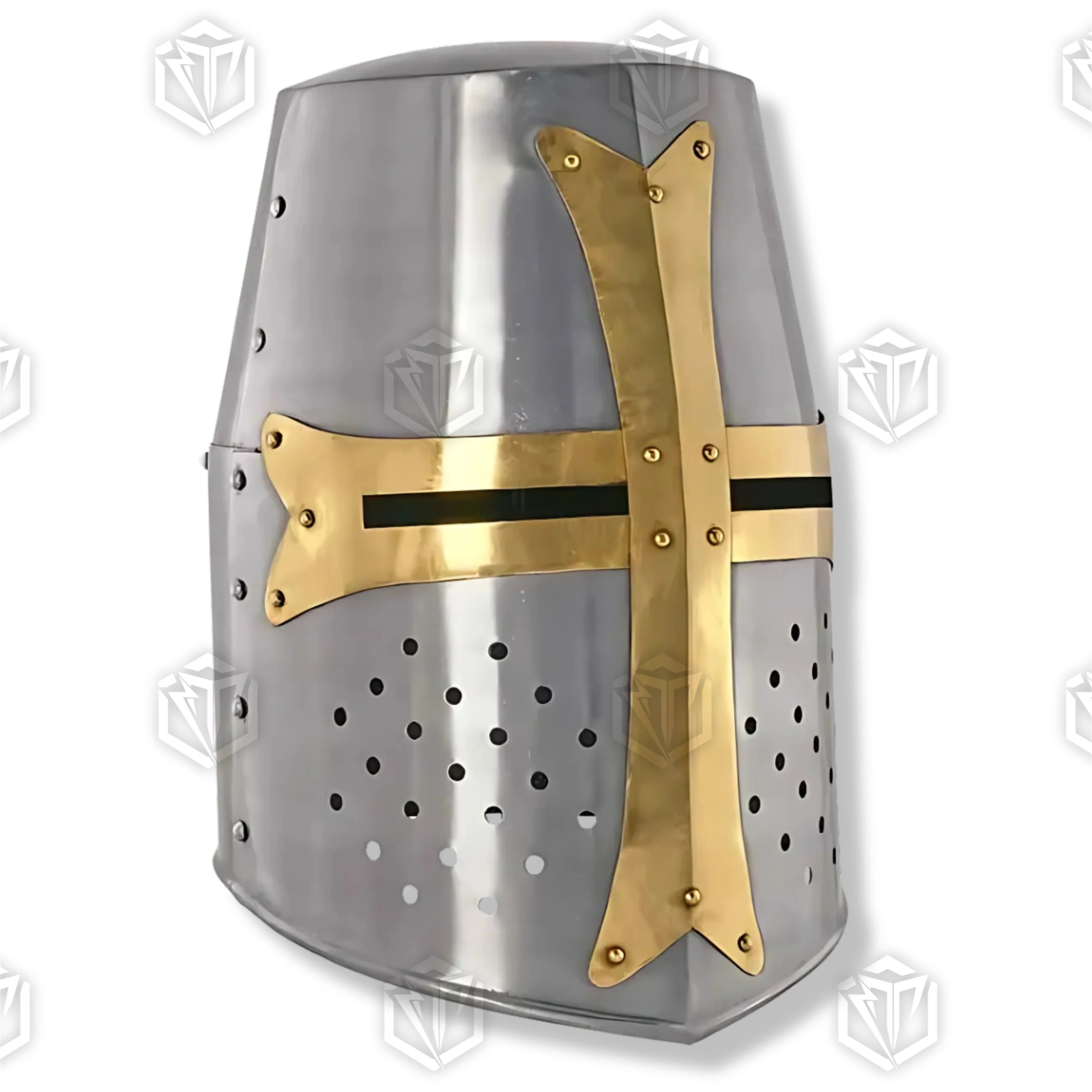Premium Medieval Knight Templar Brass Crusader Helmet Replica with high-carbon stainless steel.