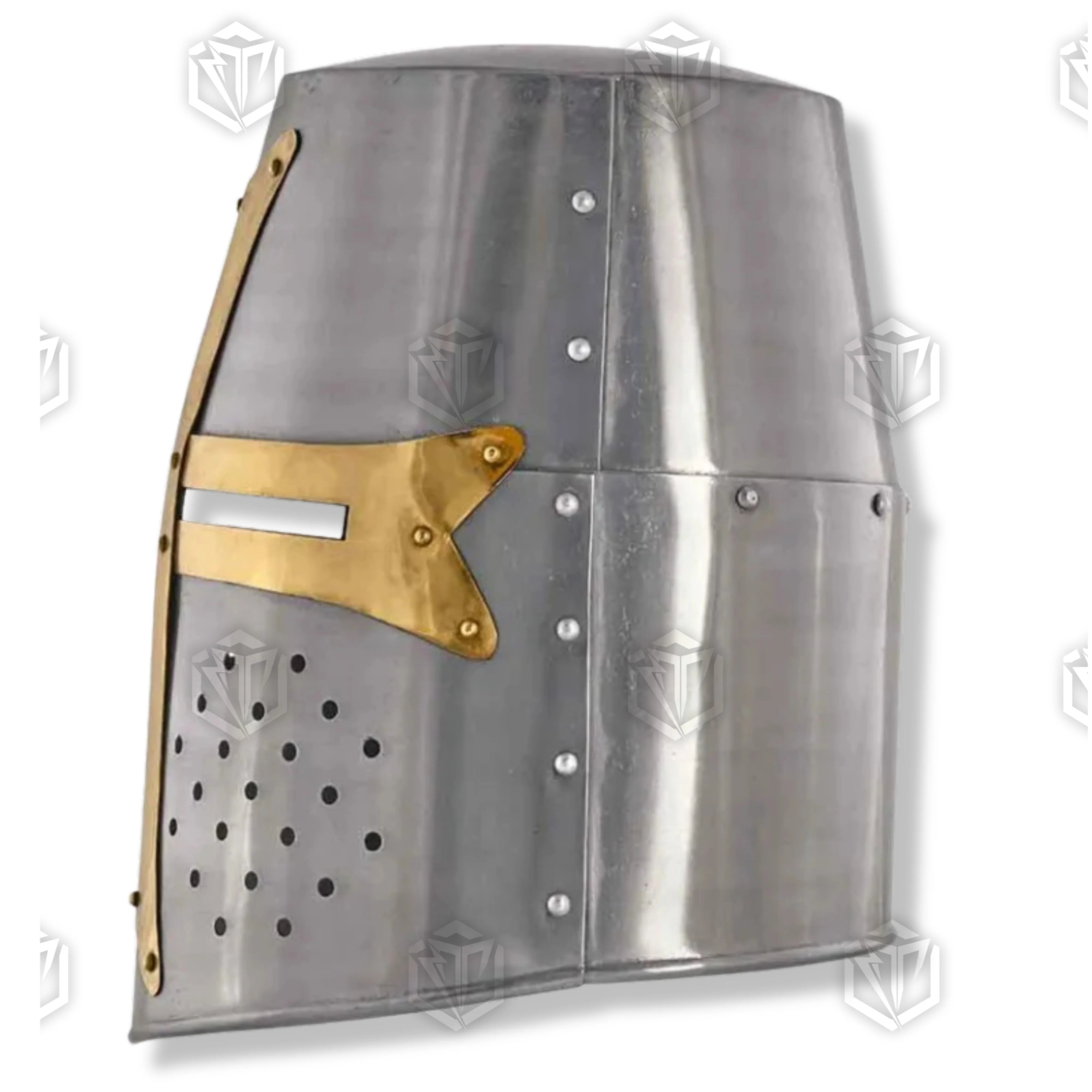 Premium Medieval Knight Templar Brass Crusader Helmet Replica with high-carbon stainless steel.