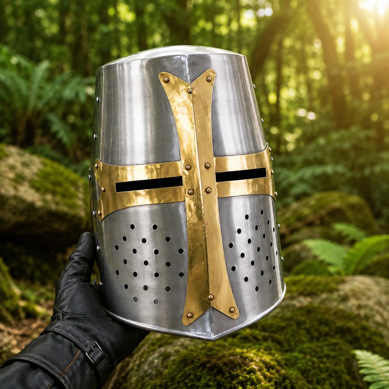 Medieval Crusader Great Helm prop replica – close-up of hammered brass cross and rivets on polished steel