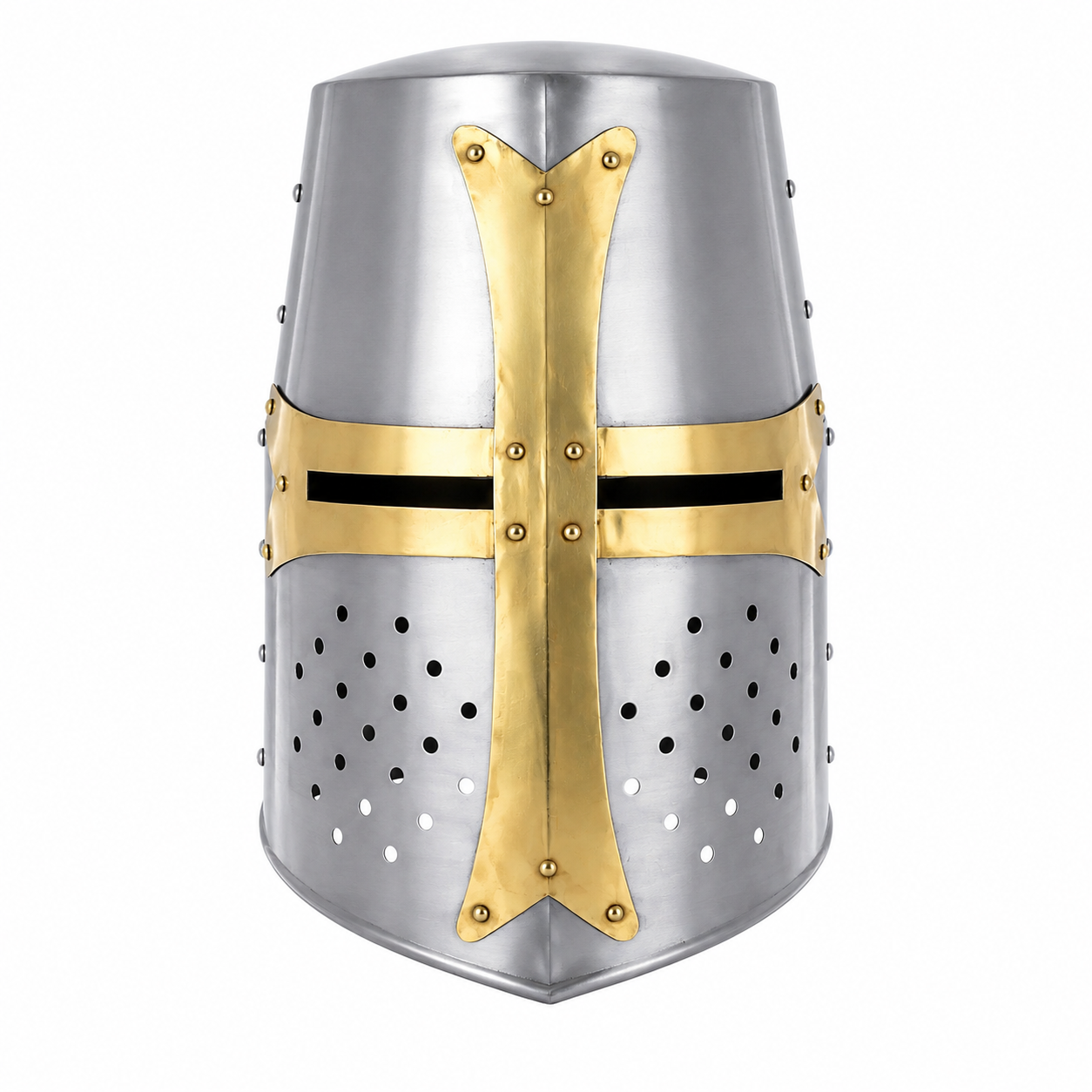 Knight Templar Great Helm display collectible resting on mossy log in forest setting – side profile view