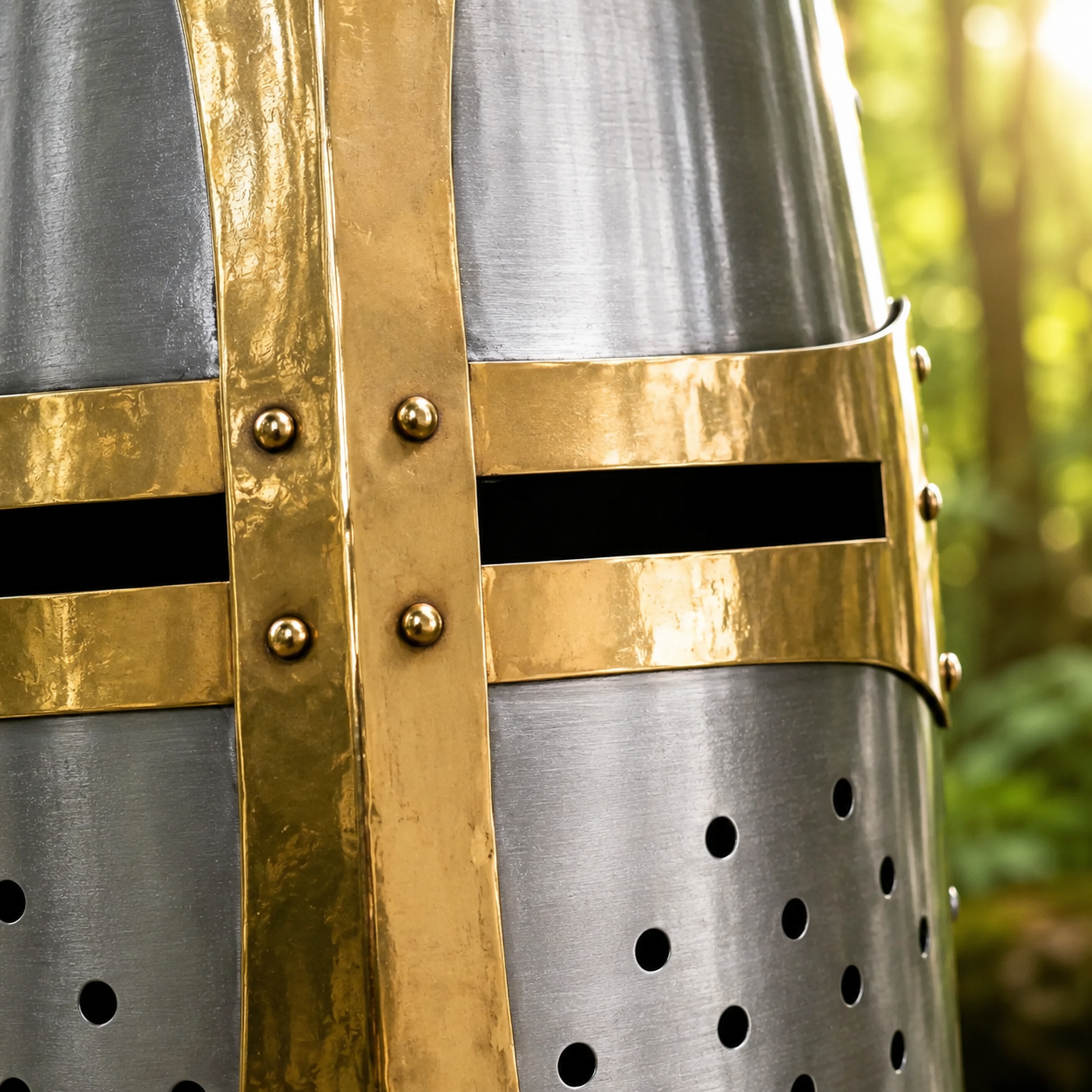 Medieval Crusader helmet prop replica top view showing polished steel dome and brass cross detailing on stone
