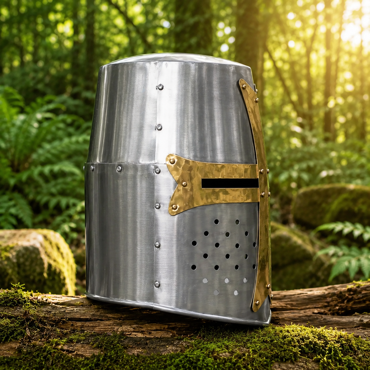 Crusader Great Helm collectible – detailed view of ventilation perforations and brass cross lower section