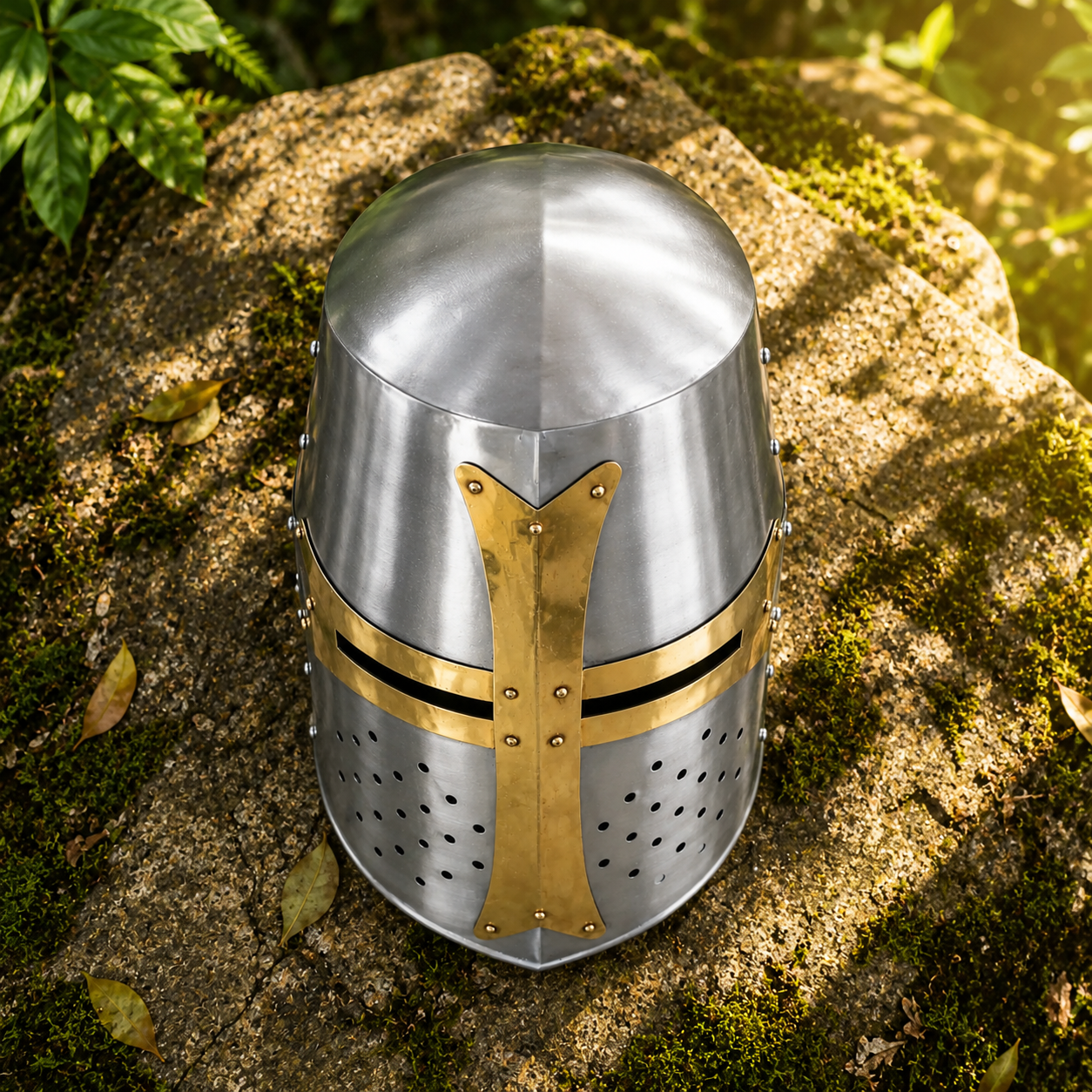 Knight Templar helmet prop replica angled display view showing full brass cross overlay and steel construction