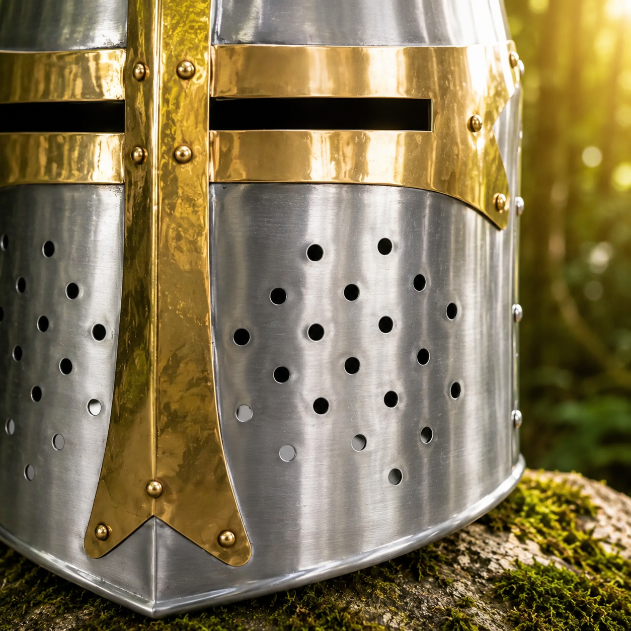 Medieval Crusader Great Helm prop replica front view – polished steel and brass Templar cross display collectible