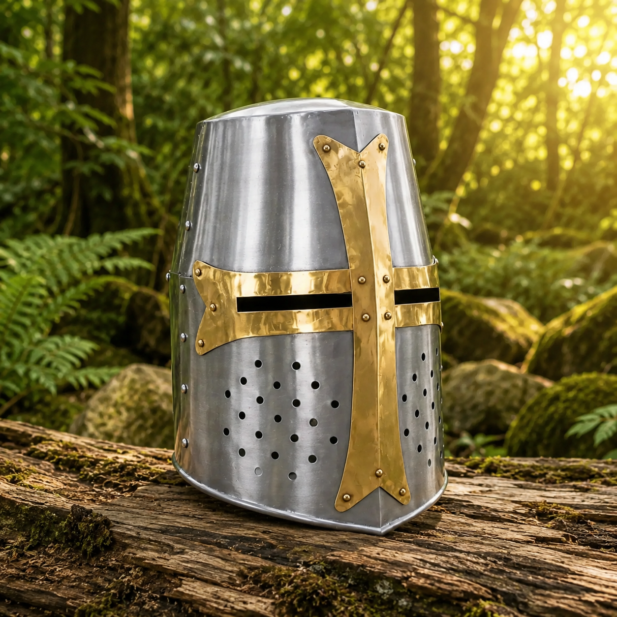 Knight Templar Crusader helmet collectible side-angle view on mossy log with forest background