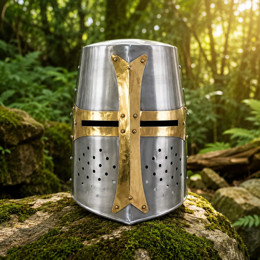 Medieval knight Templar Great Helm prop replica front display view on mossy rock – steel and brass collectible