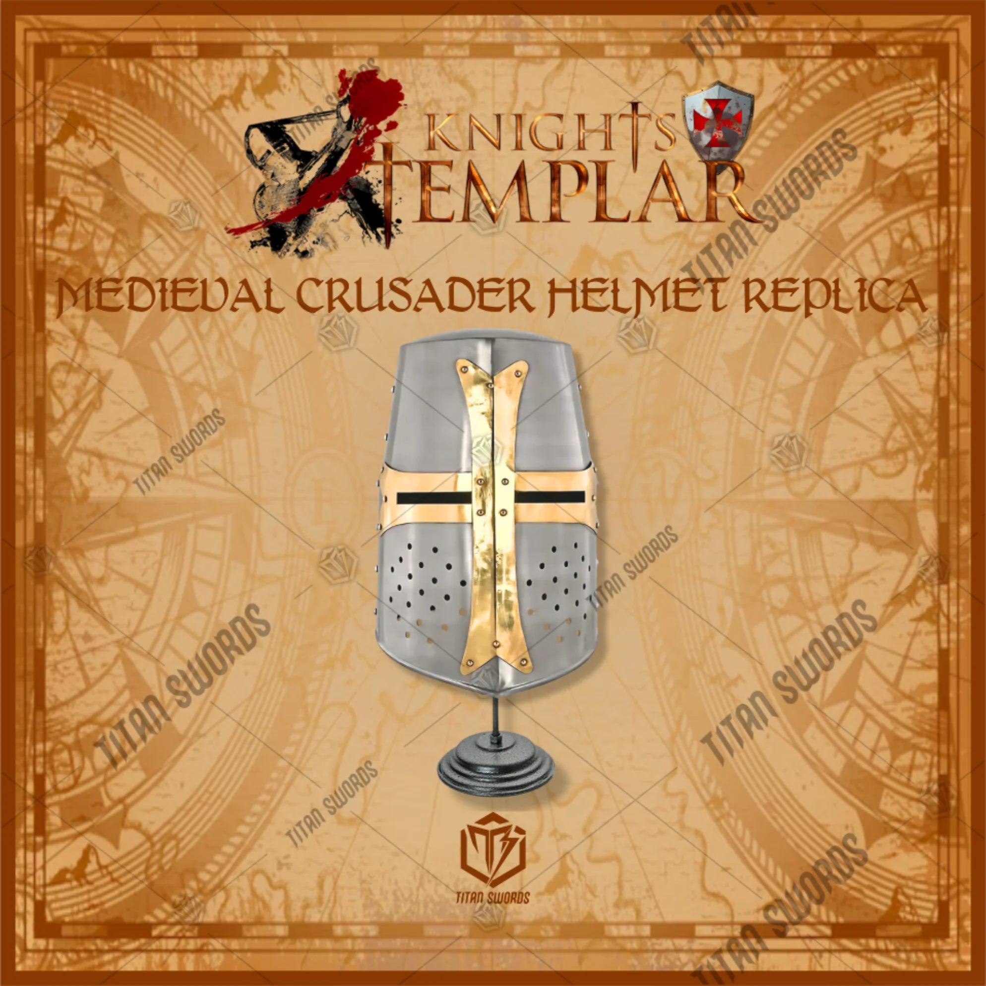 Premium Medieval Knight Templar Brass Crusader Helmet Replica with high-carbon stainless steel.