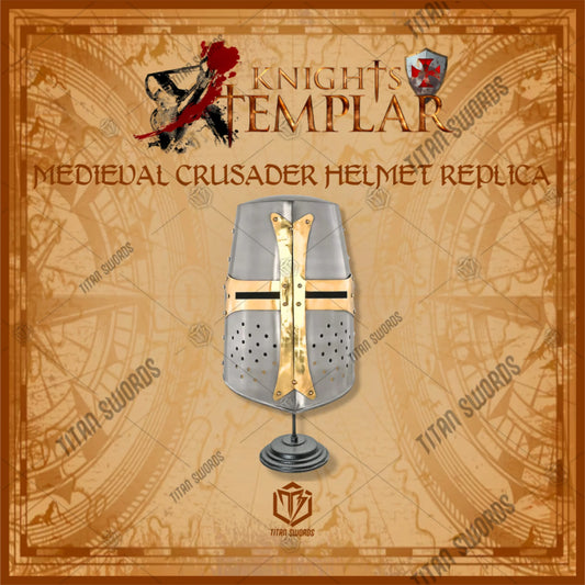 Premium Medieval Knight Templar Brass Crusader Helmet Replica with high-carbon stainless steel.