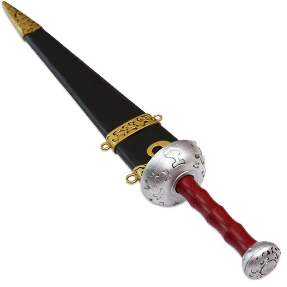 Close view of the Meliodas Gladius Sword showing its decorative blade, fantasy handle design, and wooden scabbard