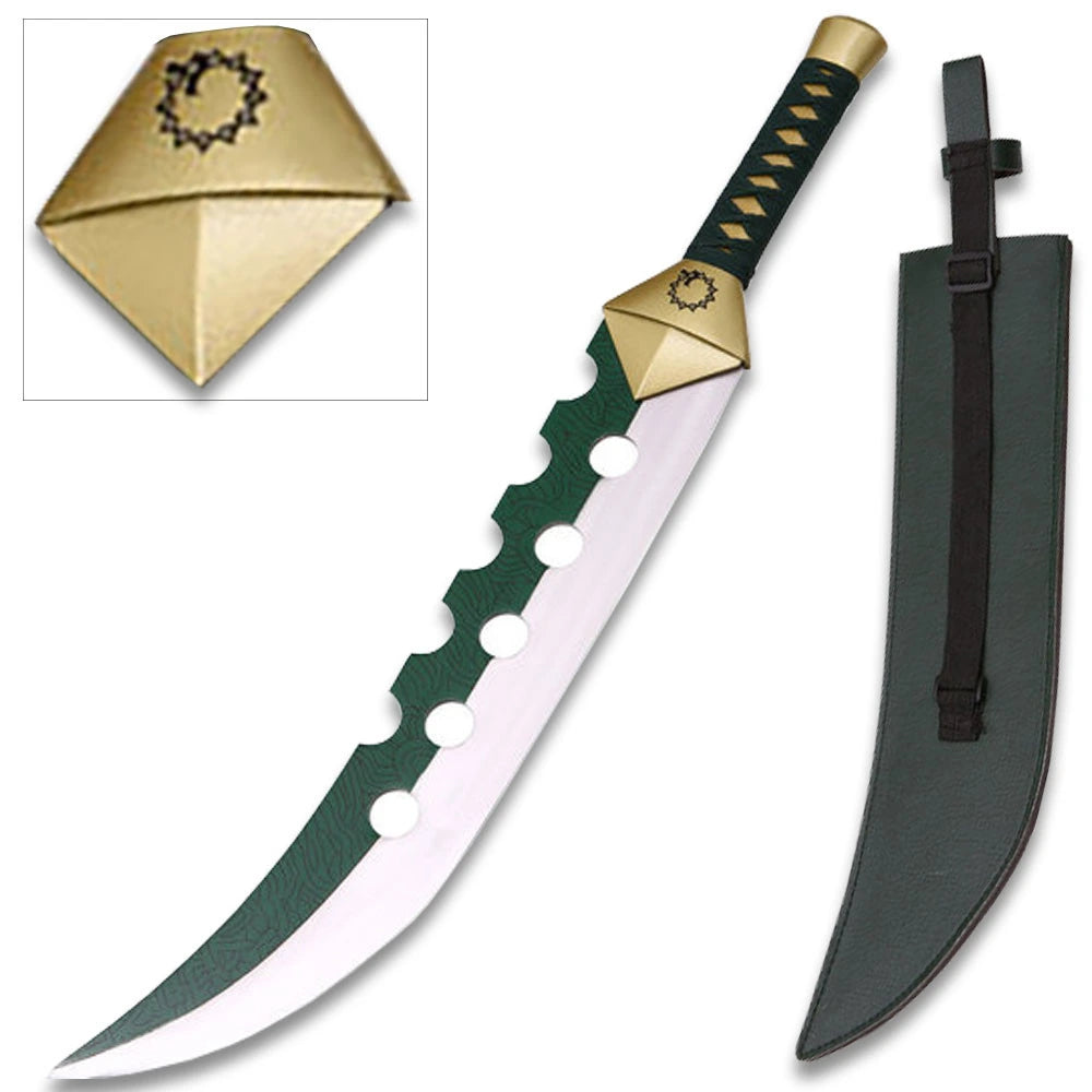 Character-inspired Meliodas Lostvayne Sword with dragon emblem handle, decorative green blade, and fantasy scabbard for cosplay displays