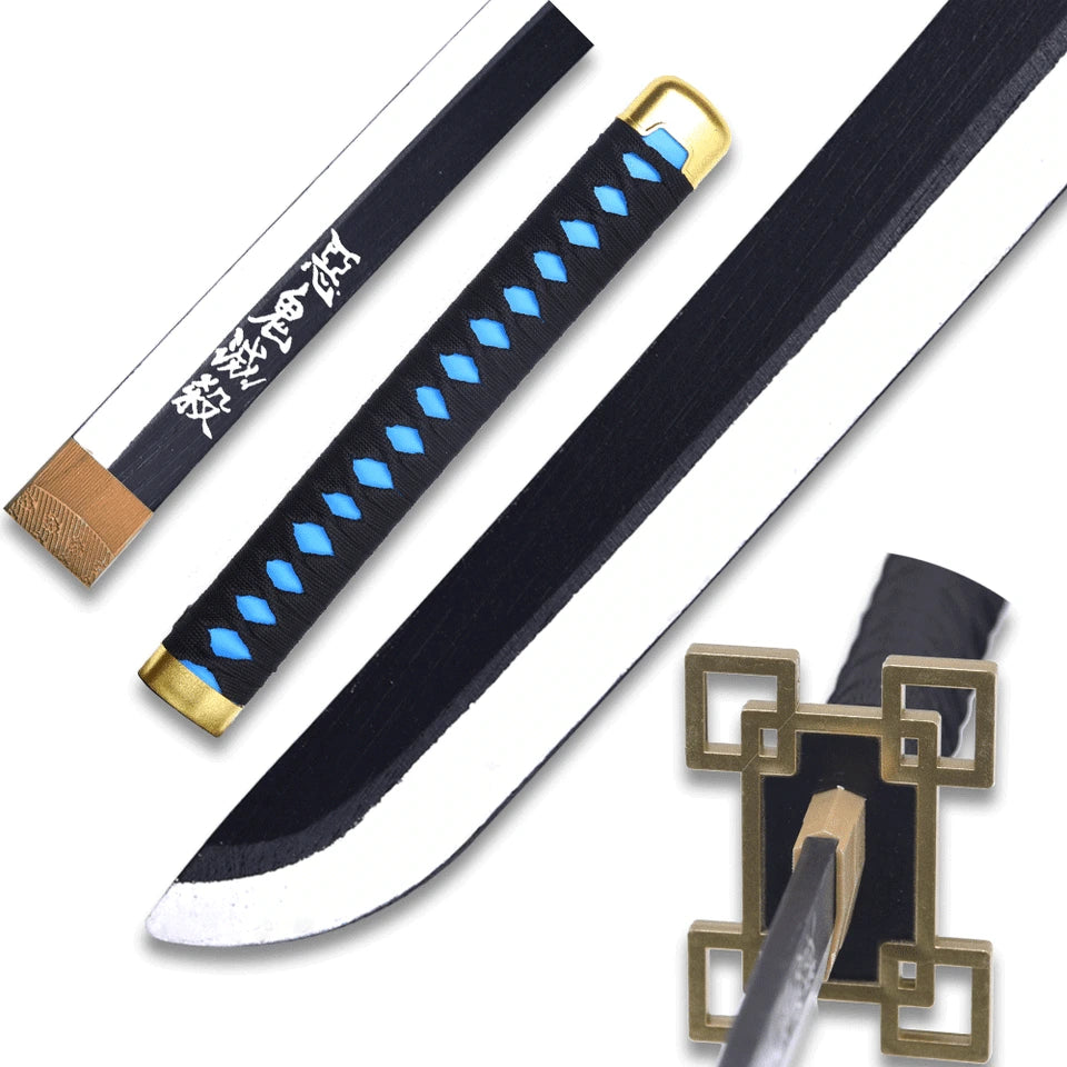 Demon Slayer-inspired Mingshao Sword with blue inner handle wrap and matching scabbard for fan displays and gifting
