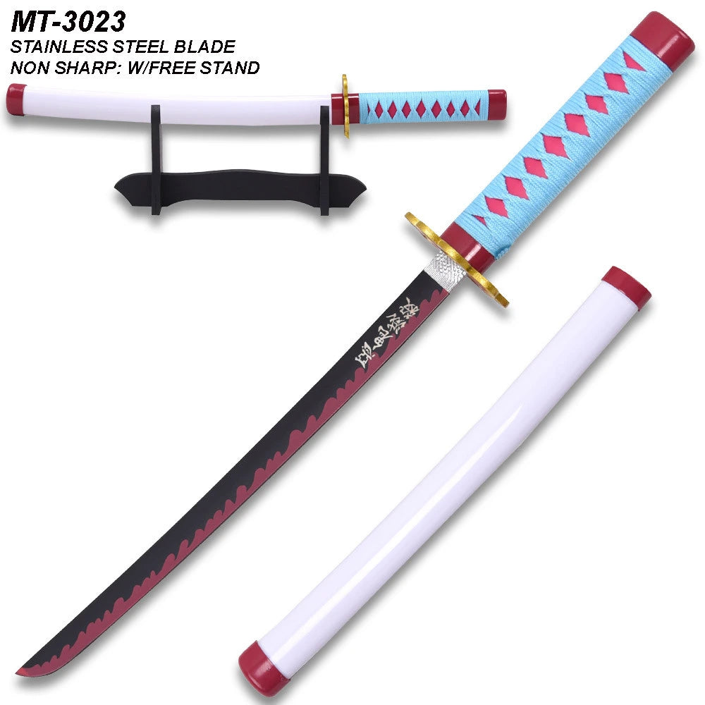Demon Slayer Mitsuri Kanroji Love Nichirin display collectible presented with its matching decorative scabbard and display stand, making an ideal centerpiece for anime collections, gaming rooms, collector shelves, and cosplay photography.