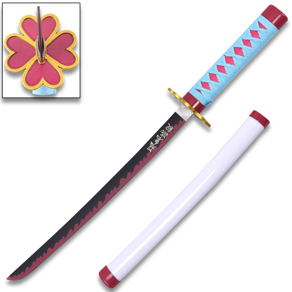 Close-up of the Mitsuri Kanroji Love Nichirin display collectible handle highlighting the detailed pink and green wrapping, decorative guard, premium craftsmanship, and anime-inspired styling for dedicated Demon Slayer fans.