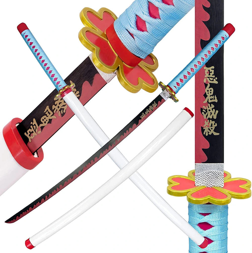 Detailed 42-inch Mitsuri Kanroji Nichirin Sword with white scabbard for cosplay conventions and fan collections