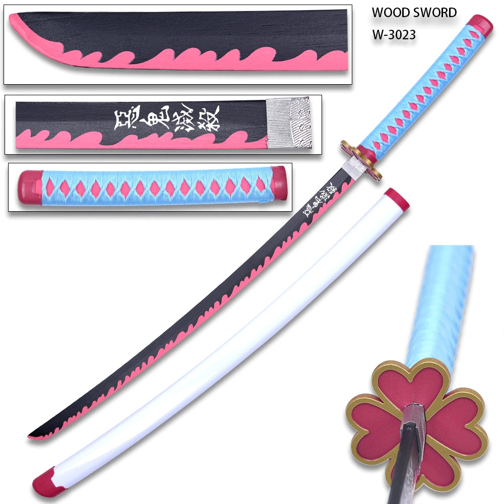 Demon Slayer Mitsuri Kanroji Sword featuring a decorative black and pink wooden blade with faux blue wrapped handle