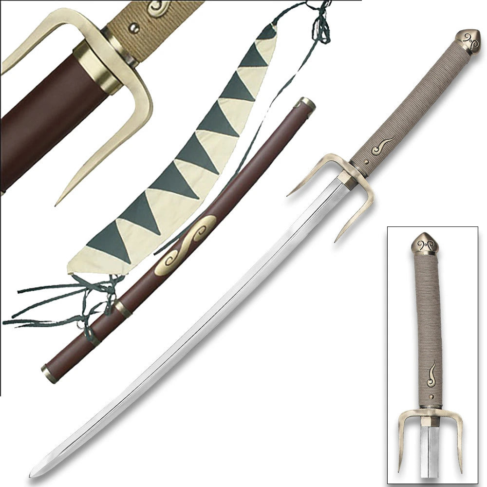 Full-length Mugen Typhoon Swell anime display collectible with wooden scabbard displayed for Samurai Champloo collectors, anime room décor, and cosplay photography.