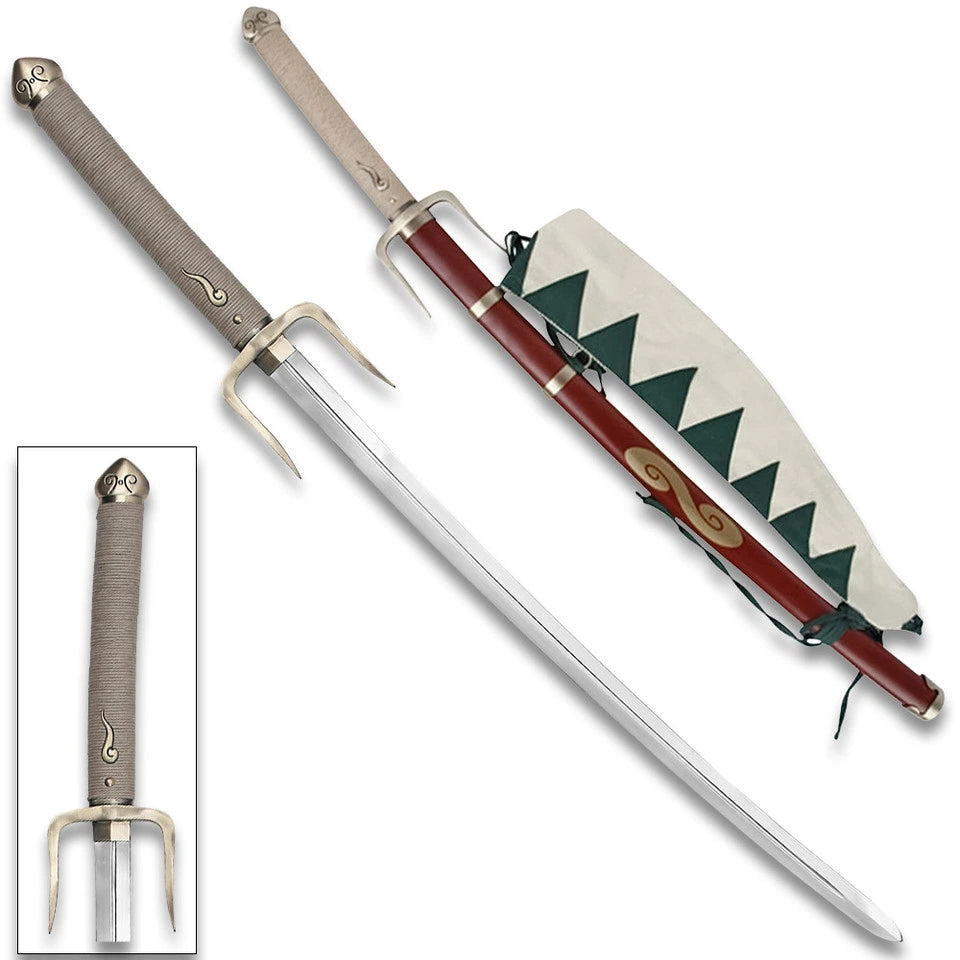 Mugen Typhoon Swell Samurai Champloo display collectible featuring premium stainless steel construction with decorative display finish and matching wooden scabbard for anime collectors and cosplay enthusiasts.