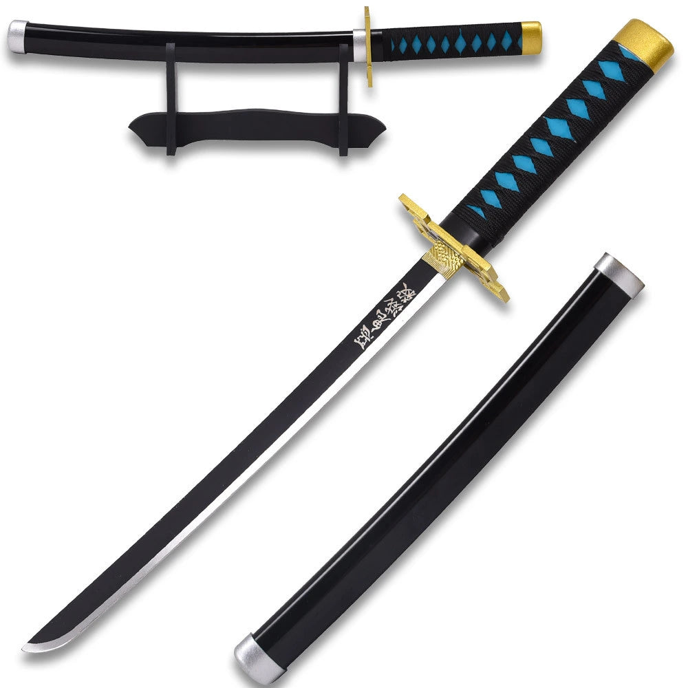 Demon Slayer Muichiro Tokito Mist Nichirin display collectible displayed with its matching decorative scabbard and presentation stand, creating an impressive centerpiece for anime room décor, gaming setups, collector cabinets, cosplay photography, and display shelves.