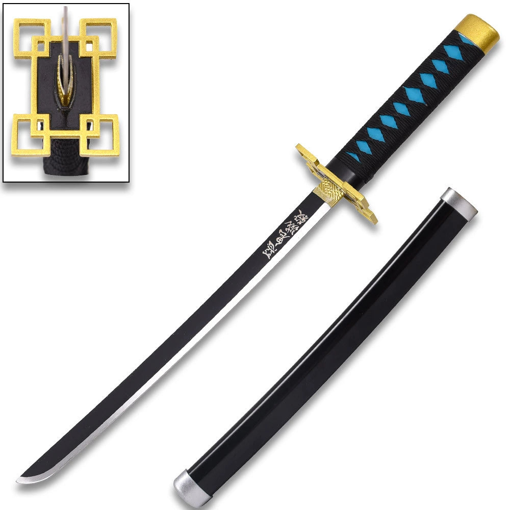 Close-up of the Muichiro Tokito Mist Nichirin display collectible highlighting the detailed wrapped handle, decorative guard, premium display finish, refined craftsmanship, and character-inspired styling for Demon Slayer fans and anime collectors.