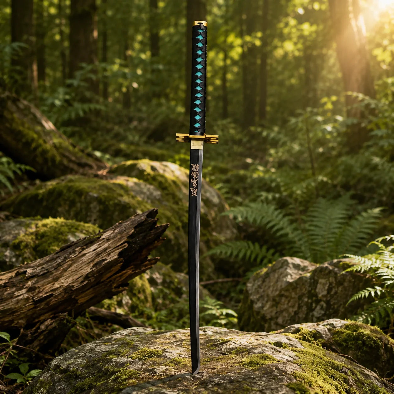 Muichiro Tokito Nichirin sword prop replica displayed on mossy log in forest – Demon Slayer collectible