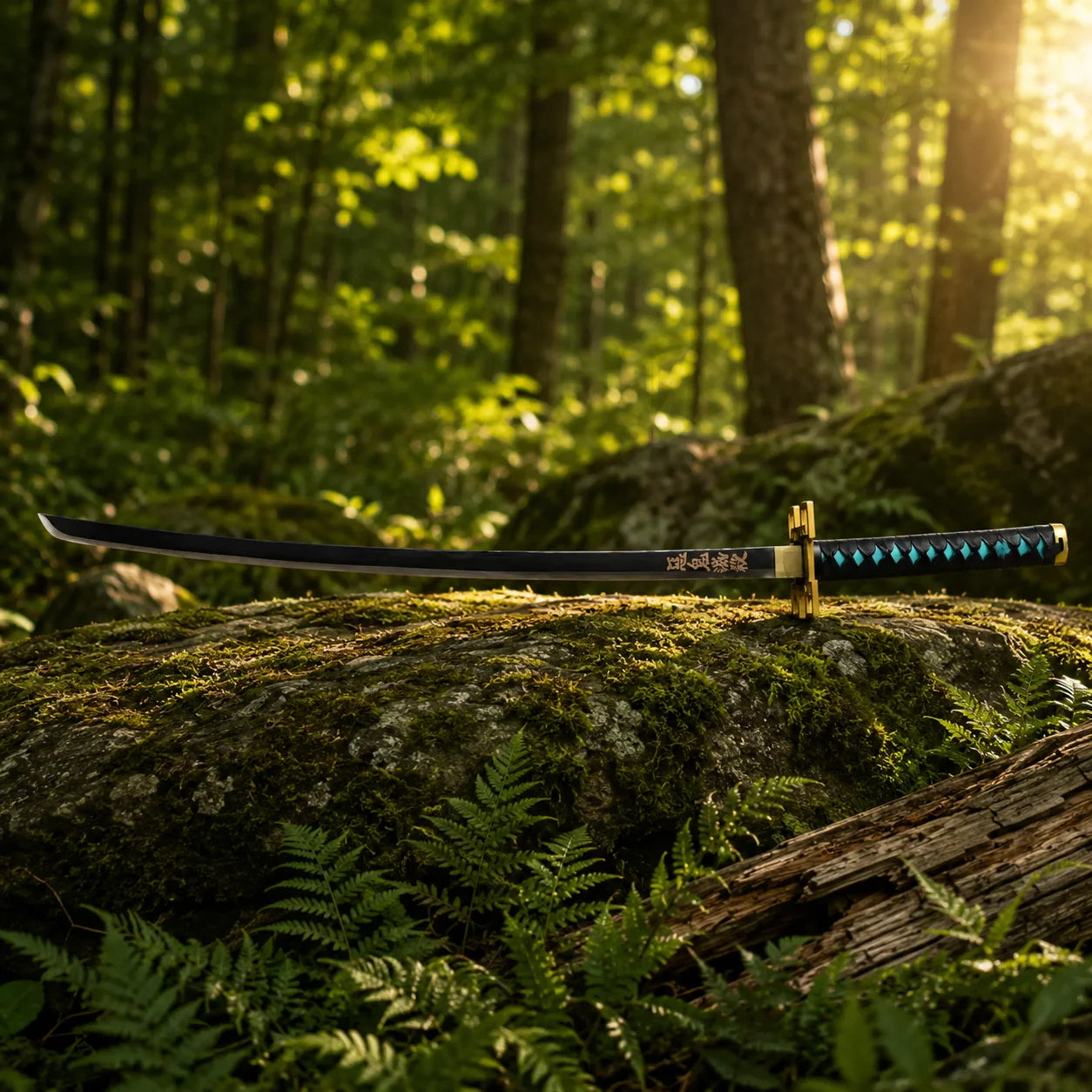 Angled view of Muichiro Tokito Nichirin sword prop replica leaning on log – Demon Slayer anime collectible