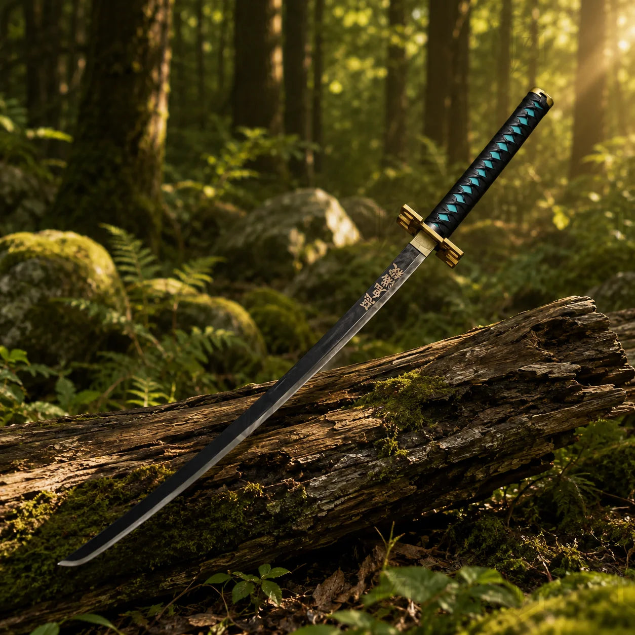 Full-length Muichiro Tokito Nichirin sword prop replica laid on mossy rock – Demon Slayer display piece