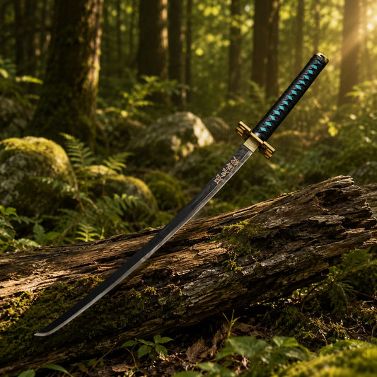 Full-length Muichiro Tokito Nichirin sword prop replica laid on mossy rock – Demon Slayer display piece