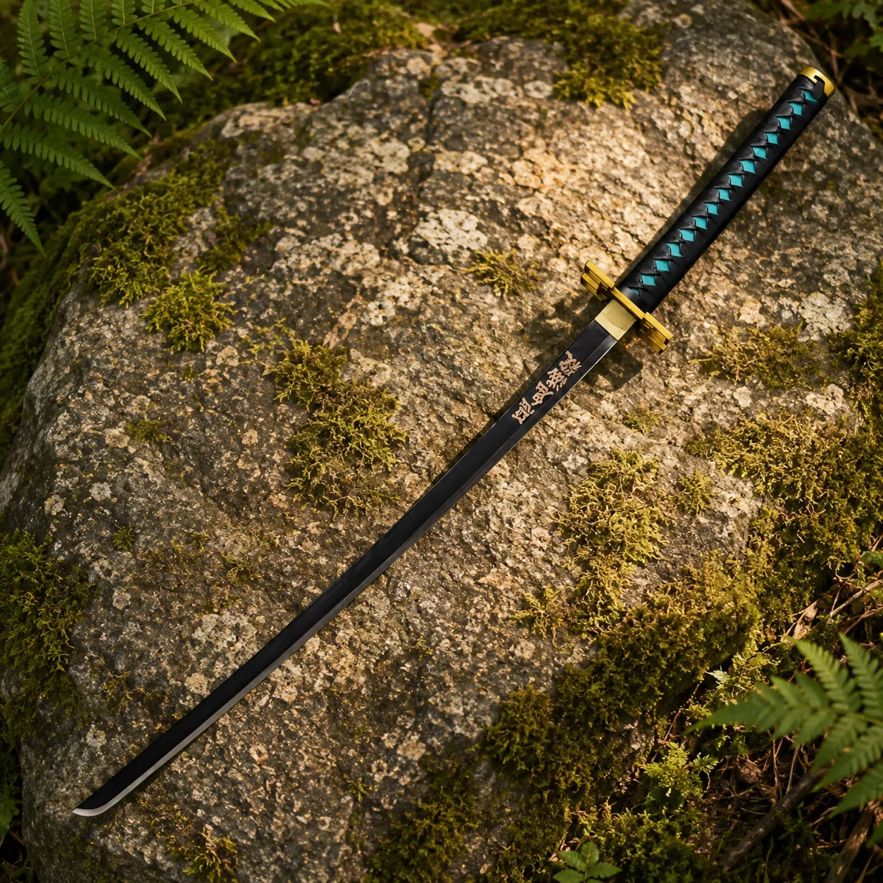 Close-up of gold kanji inscription on black blade – Muichiro Tokito Nichirin sword prop replica detail